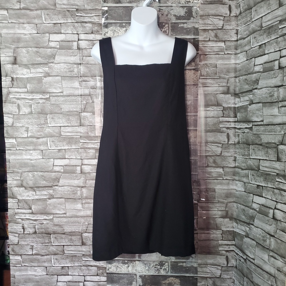 Black Square Neck Sleeveless Dress Linen Blend Shift Sheath Woven Medium Smoked